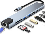 Hub adapter 8w1 przejściówka 2x usb-c thunderbolt 3 2xusb hdmi sd rj45