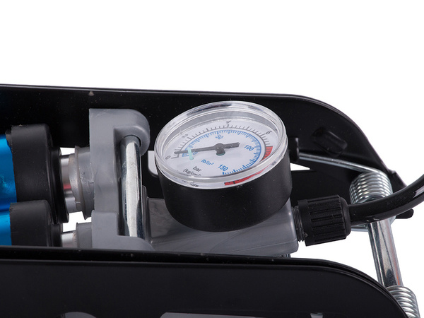 Pompka samochodowa nożna dwutłokowa końcowki rower auto do piłek materaca