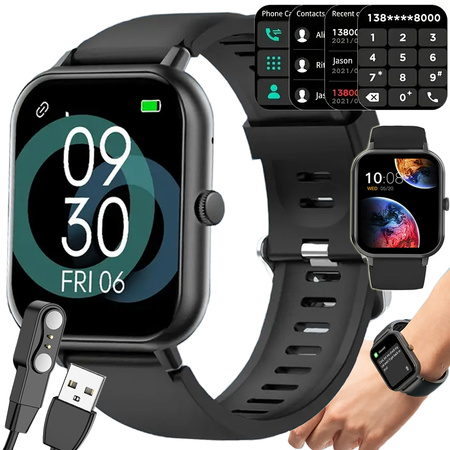 Smartwatch zegarek damski męski gumowy pasek sport bluetooth rozmowy czarny