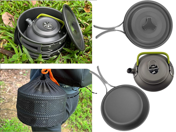 Zestaw garnków turystyczych naczynia kemping czajnik patelnia garnek 18w1