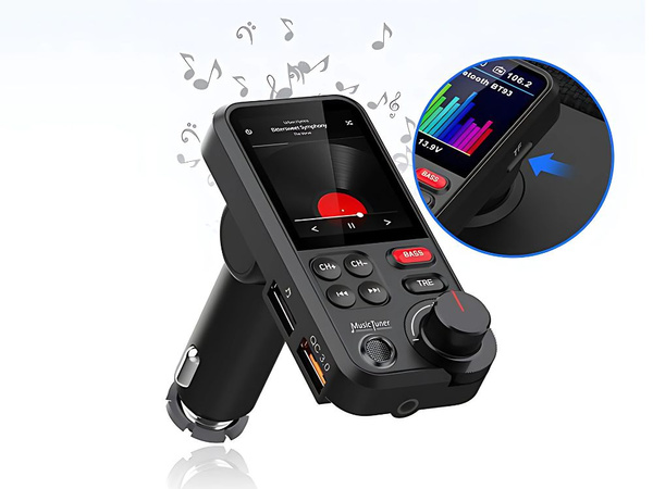 Transmiter bluetooth 5.0 fm zestaw głośnomówiący usb qc tf bass lcd 12-24v