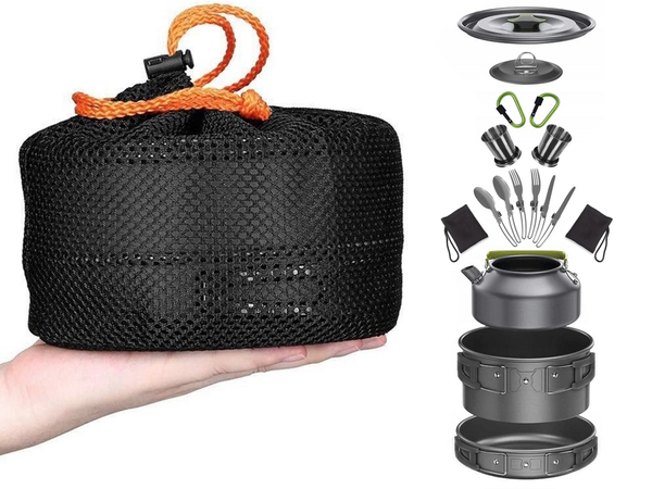 Zestaw garnków turystyczych naczynia kemping czajnik patelnia garnek 18w1