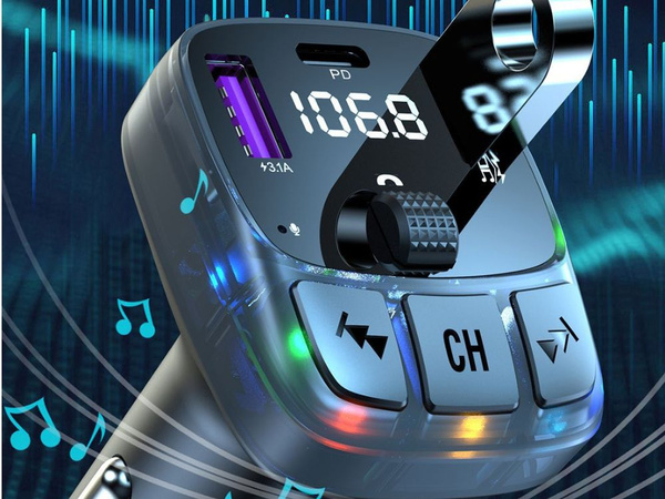 Transmiter fm mp3 estaw głośnomówiący 2xusb + usb c bluetooth 5.3 lcd 12v