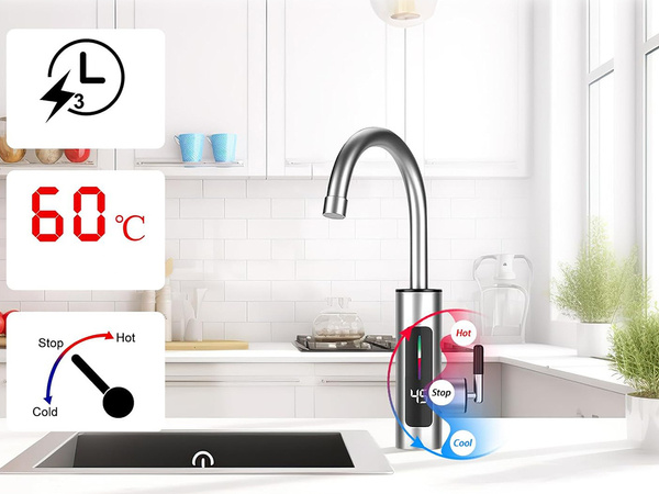 Przepływowy elektryczny podgrzewacz wody kran bateria kuchenna lcd 3kw