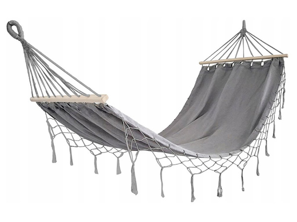 Hamak ogrodowy turystyczny szary frędzle huśtawka boho torba 200 x 100cm