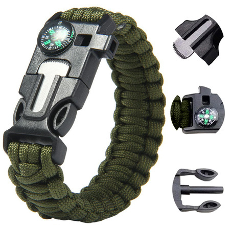 BRANSOLETKA SURVIVAL OPASKA 5W1 KOMPAS KRZESIWO LINKA OSTRZE LINKA PARACORD