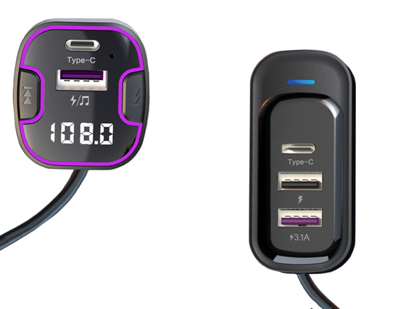 Transmiter bluetooth samochodowy fm 3x usb typ c adapter ładowarka