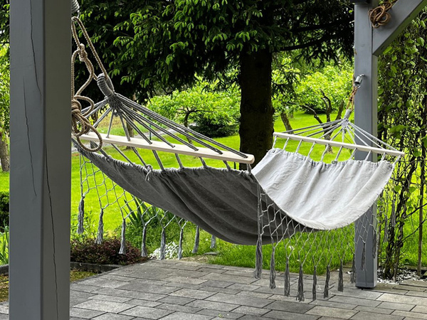 Hamak ogrodowy turystyczny szary frędzle huśtawka boho torba 200 x 100cm