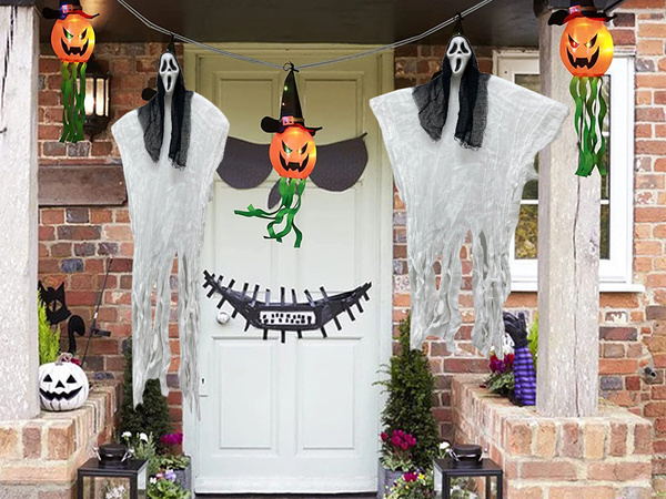 Dekoracja halloween wisząca ozdoba duch maska krzyk szkielet zjawa 90 cm