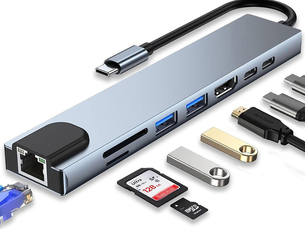 Hub adapter 8w1 przejściówka 2x usb-c thunderbolt 3 2xusb hdmi sd rj45