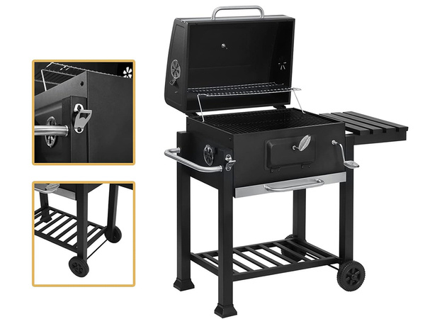 Grill węglowy ogrodowy dwa ruszty termometr pokrywa półka popielnik duży