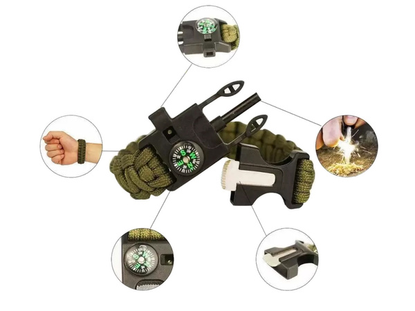 Bransoletka survival opaska 5w1 kompas krzesiwo linka nóż linka paracord