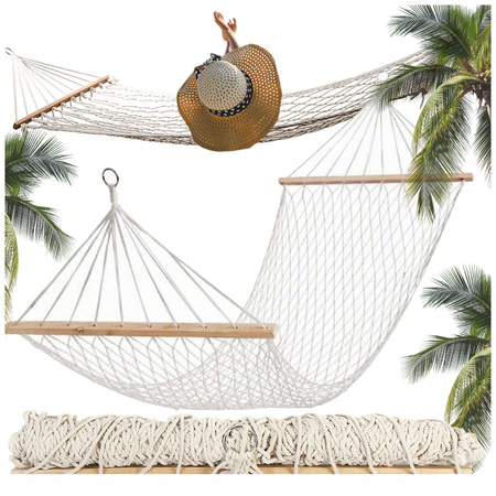 Hamak ogrodowy sznurkowy siatka drewniane poprzeczki boho pleciony biały