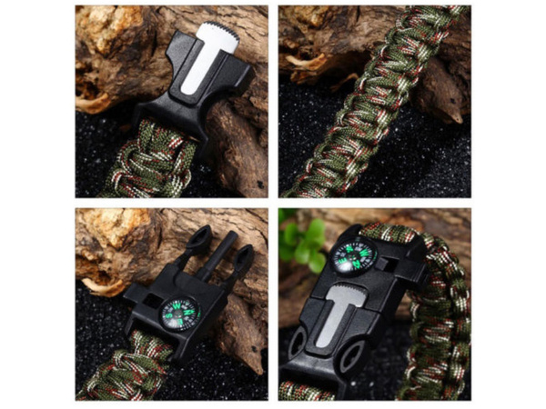 Bransoletka survival opaska 5w1 kompas krzesiwo linka nóż linka paracord